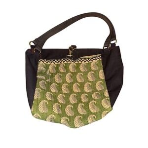 Handmade Hobo Shoulder Bag Womens Large Green Brown Paisley Lined Swivel